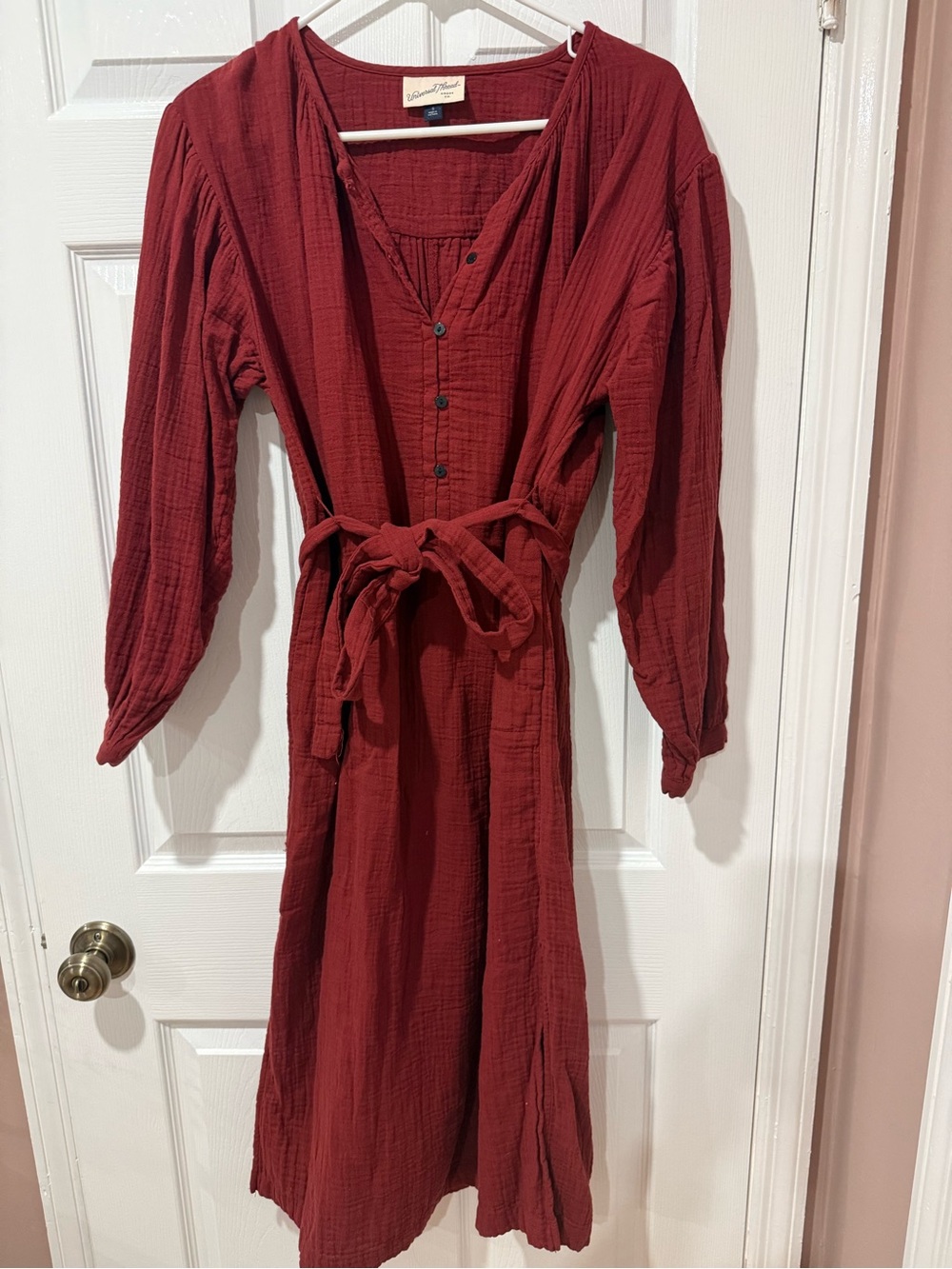 Universal Thread Rust Red Button-Front Midi Dress with Tie Waist